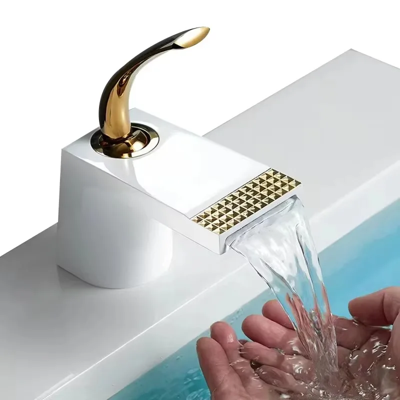 

New Luxury Creative Art White Gold Waterfall Basin Faucet Spout Mixer Brass Material Bathroom Sink Tap Mixer