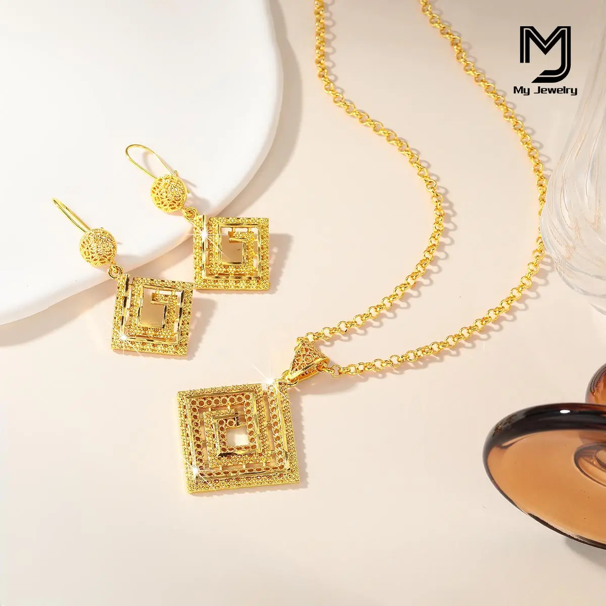 Moda feminina geométrica quadrilátero girando luz luxo flor colar dubai banhado a ouro elegante brincos conjunto de jóias diário casual presente do feriado