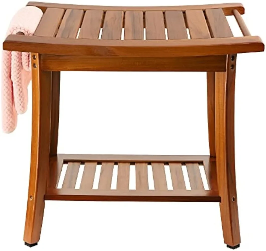 Teak Shower Bench Seat with Handles, Portable Wooden Spa Bathing Stool with Storage Towel Shelf, 22