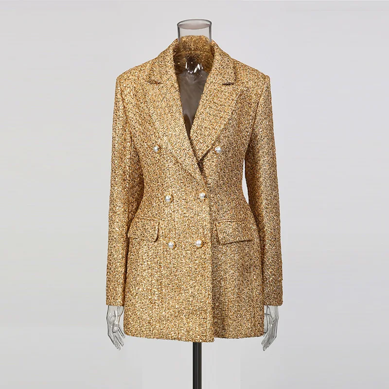 HKSH Spring Autumn New Women Blazer Tweed Double Breasted Notched Collar Pockets Slim Fit Elegant Fashion High-end Coats HK16260