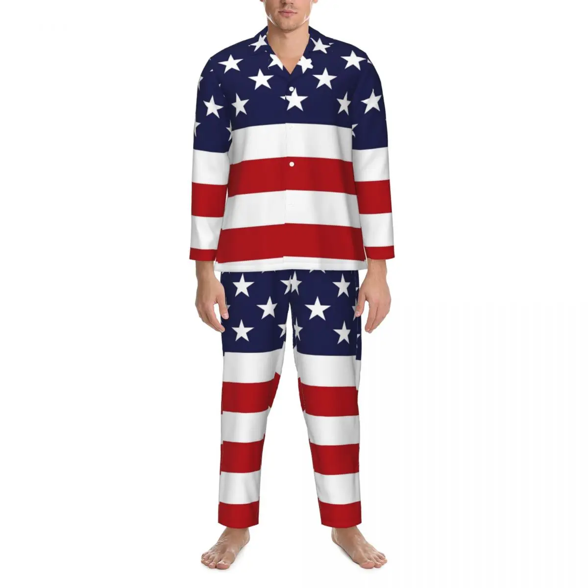 American Flag Pajama Sets White Stars Print Comfortable Sleepwear Man Long Sleeve Aesthetic Bedroom 2 Pieces Nightwear Plus Size