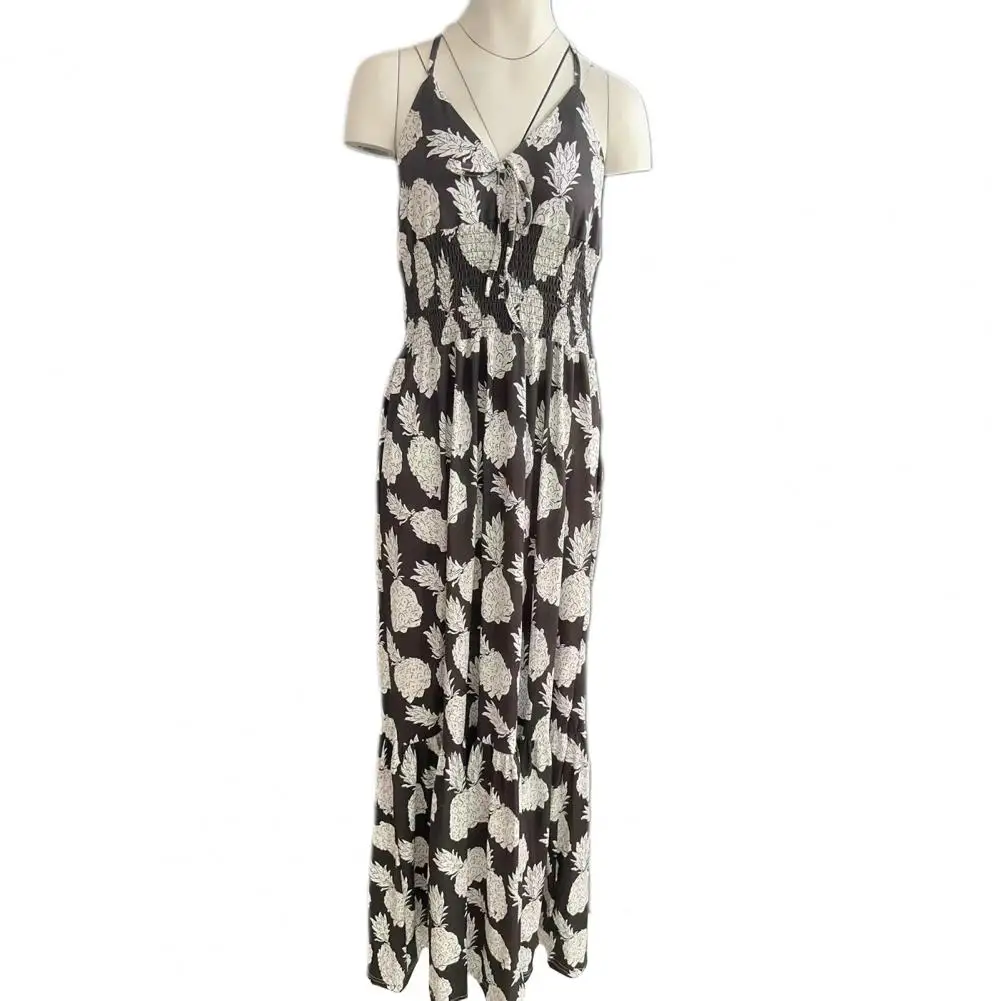 Bloemenprint Jurk Elastische Taille Jurk Met Bloemenprint Halter Hals Maxi Jurk Voor Dames Vakantie Strandkleding Met Elastische Hoge Taille