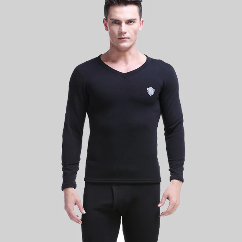 

Men's fleece thickened large V-neck cold-proof low-neck tight cotton sweater youth long Johns thermal underwear set