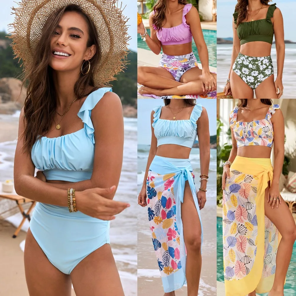 

New Women's Swimsuit Flying Edge Lotus Leaf Three-piece Bikini Split Bikini