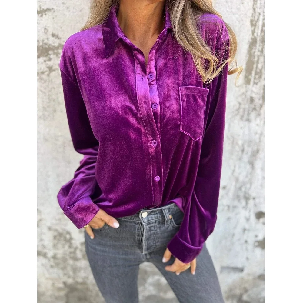 Camisas y blusas de terciopelo para otoño y primavera, Tops lisos de manga larga con una botonadura y bolsillo, camisas Vintage para mujer