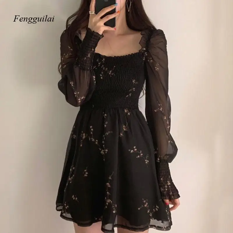 

Women Black Chiffon Dress Spring Vintage Flower Long Puff Sleeve Dresses