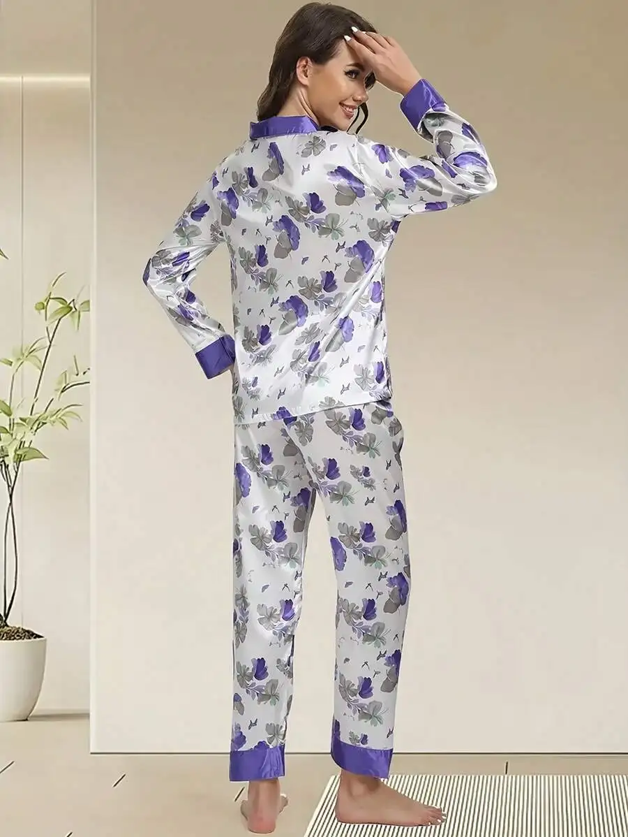 

Womens Floral Print Satin Pajama Set V-Neck Lapel Long Sleeve Pants Home Sleepwear