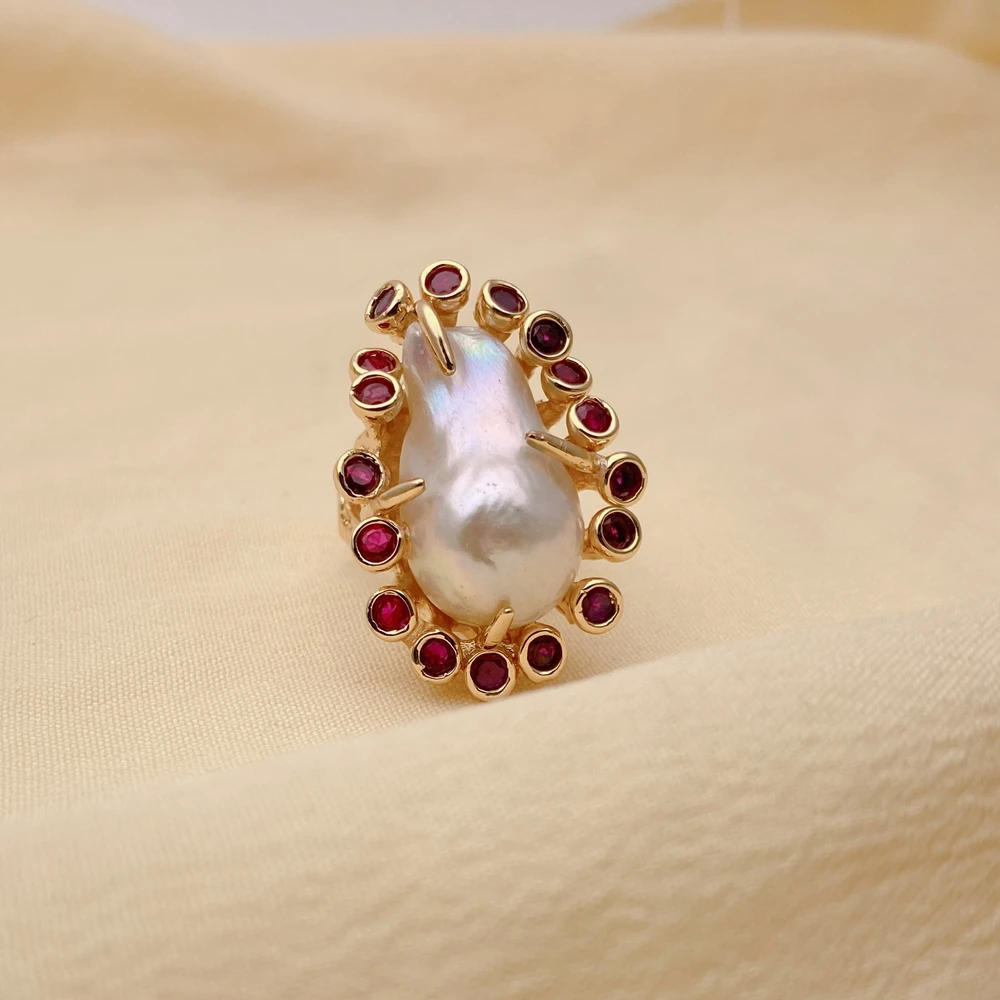 Y·YING Cultured White Baroque Pearl Fuchsia Cz Ringer Ring Adjustable