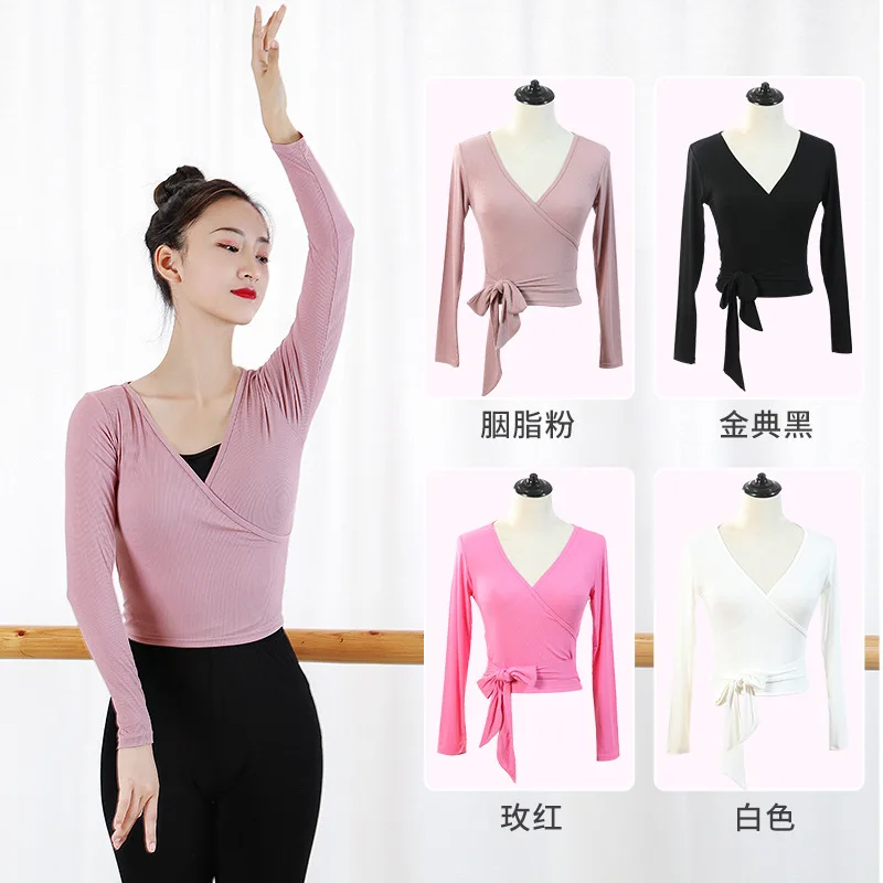 Chinese Square Dance Suit Training Suit Adult Women's V-neck Long sleeved Dance Top Cotton Slim Fit Clothing Short sleeved