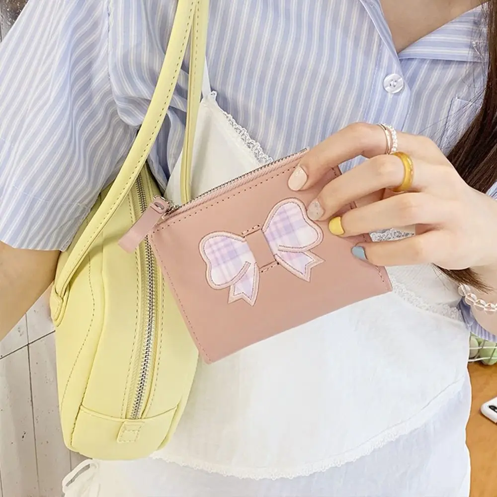 

Fashion Short Women's Wallet Plaid Heart Fold Wallet PU Leather Bow Clutch Purse Female
