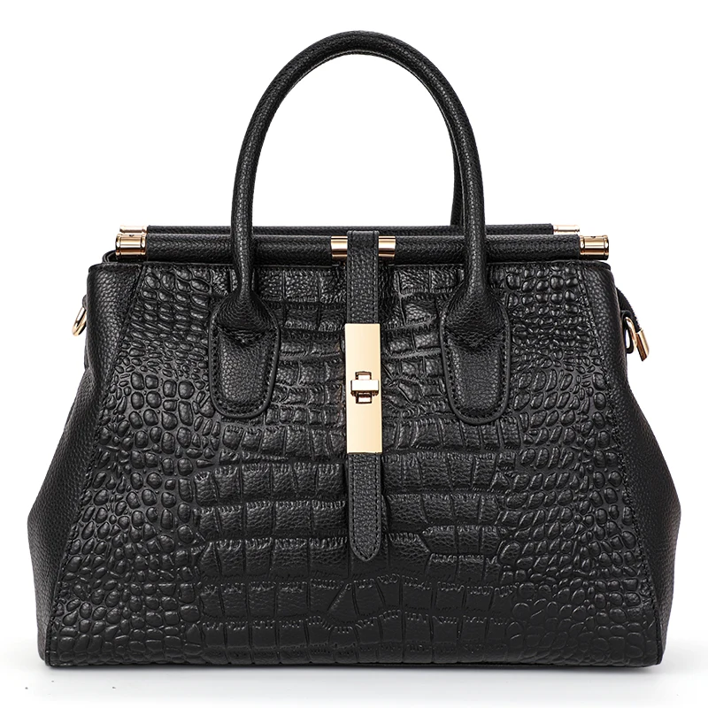 Light Luxury Crocodile Pattern Women\'s Handbag Large Capacity Black High Quality Cowhide Single Shoulder Crossbody Bag