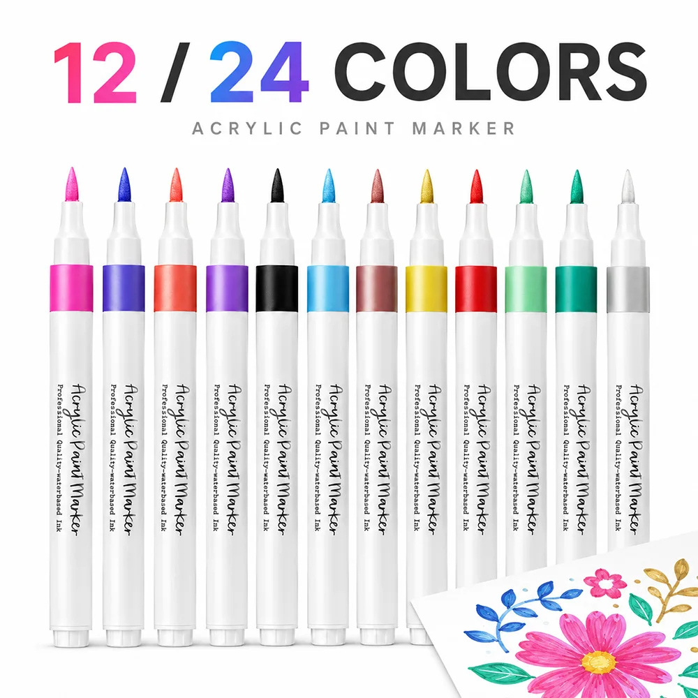 12/24 Colors Set Acrylic Paint Art Marker Pen Rock Painting for Kids Graffiti Stone Ceramic Glass Wood DIY Crafts Art Supplies