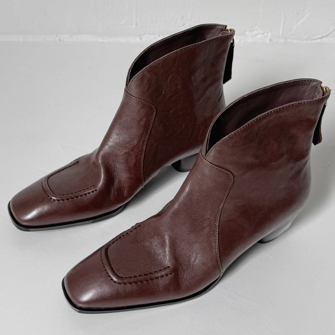 

Women's cow leather square toe back zip autumn ankle boots 4cm thick med heel casual female high quality soft comfort short boot