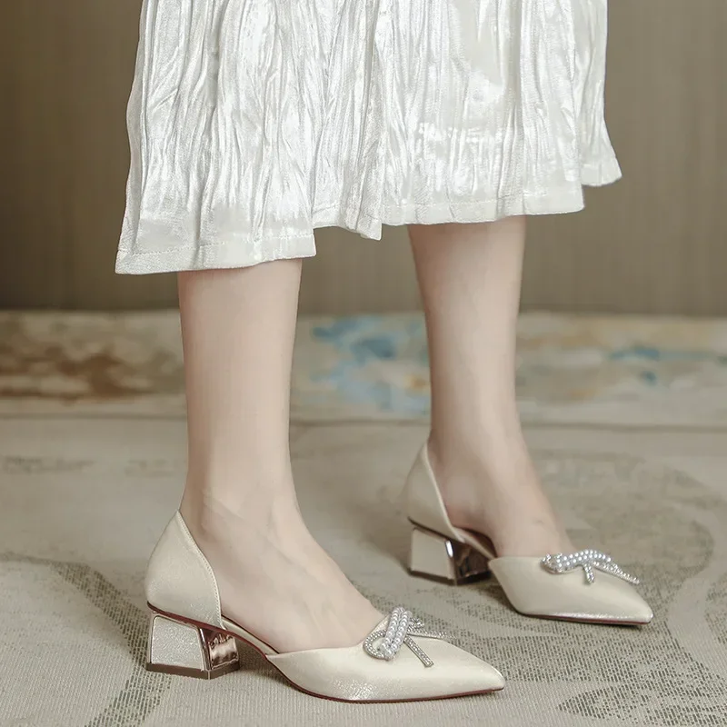 

Baotou Sandals Women's Summer 2025 New Pointed High Heels Medium Heel Thick Heel Fairy Style Fashion Hollow Single Shoes