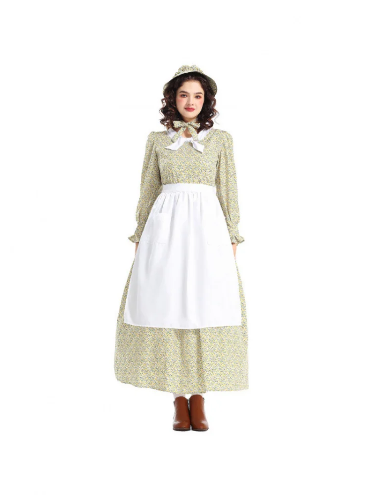 Grembiule Dr con stampa floreale gialla Costume Pioneer loween Performance sul palco Vita alta in poliestere Primavera Autunno Dr da donna