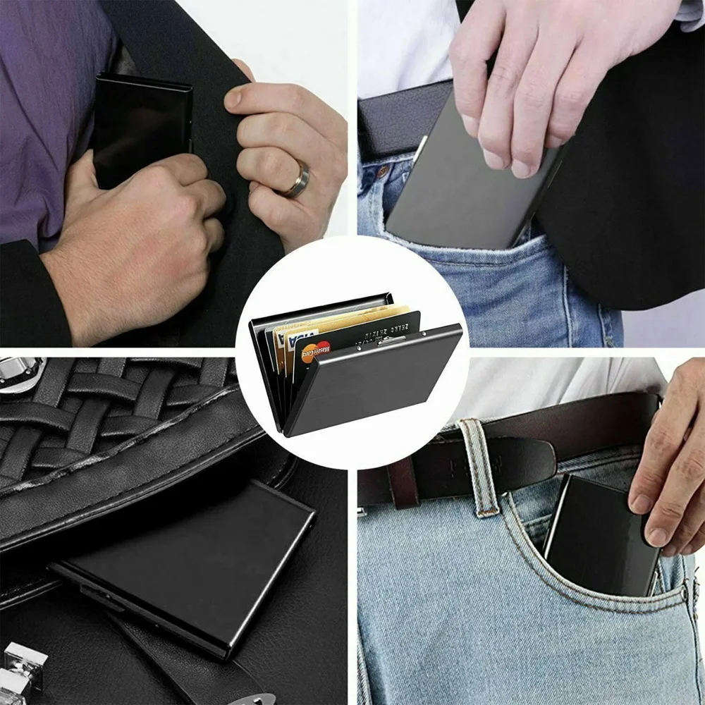 Tarjetero con bloqueo RFID para hombre, billetera delgada de Metal, bolsa de dinero, tarjetero antiescaneo con estampado divertido, funda fina para identificación