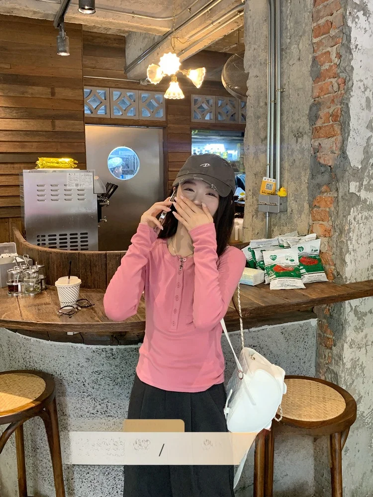 

Women's Long Sve T-irt Knitted Base irt Pink Inner Wear Casual Sle Slim Fit Daily Wear V-Ne Zipper Closure