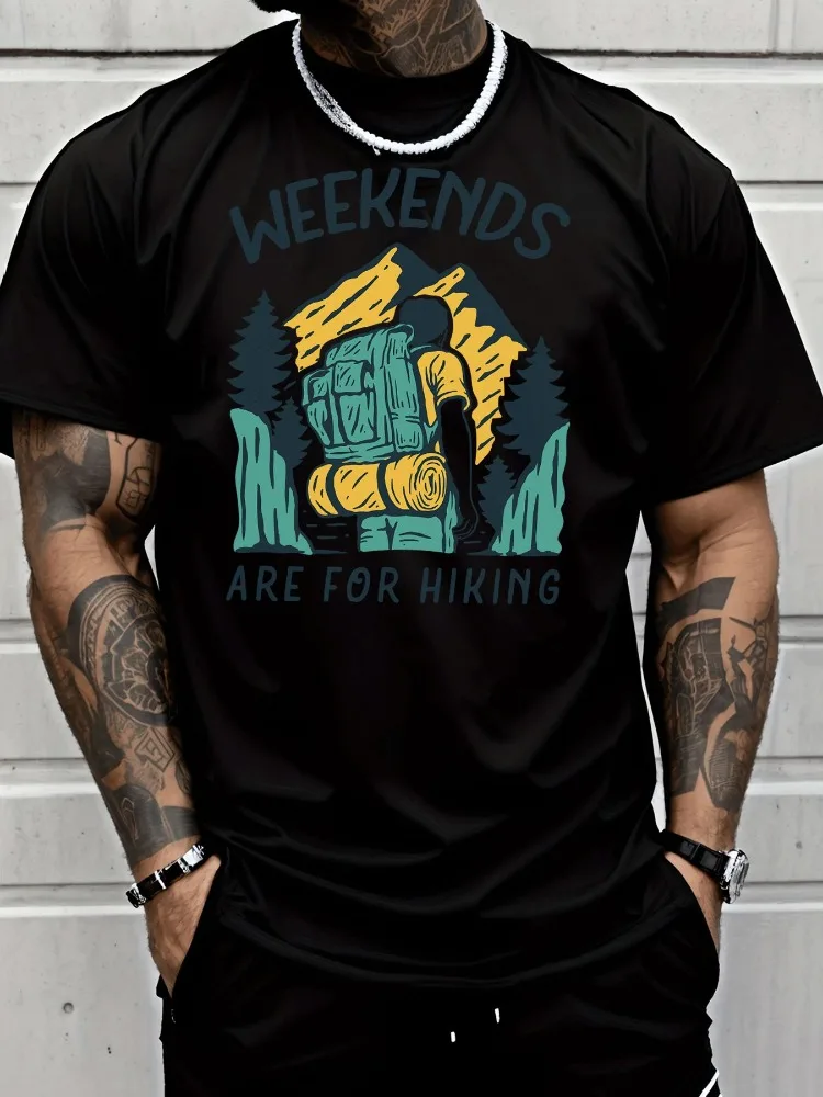 Men Weekends Are For Hiking Mountain Backpack Graphic Crew Neck Short Sleeve Outdoor Casual Male Summer Soft Basic Tee Shirts