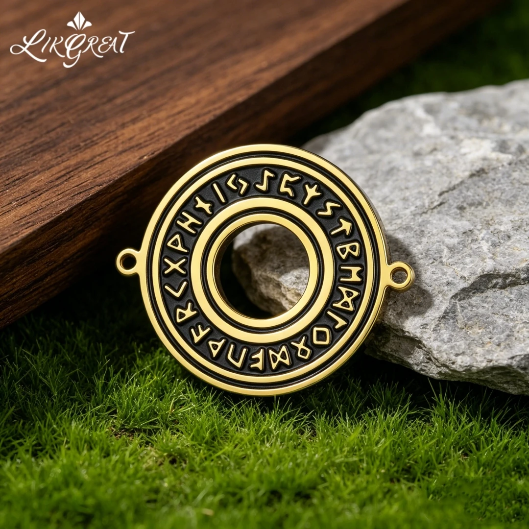 Elder Futhark Runes Circular Link Charm Vintage Gold Plated Norse Viking Open Center Connector Pendant DIY Bracelet Necklace