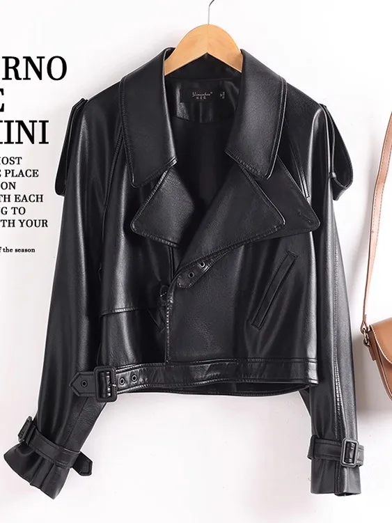 Real Leather Biker Jaet Women's ort Sle Spring Autumn Loose Fit High End eepskin Coat Commute Faion oulder Pads