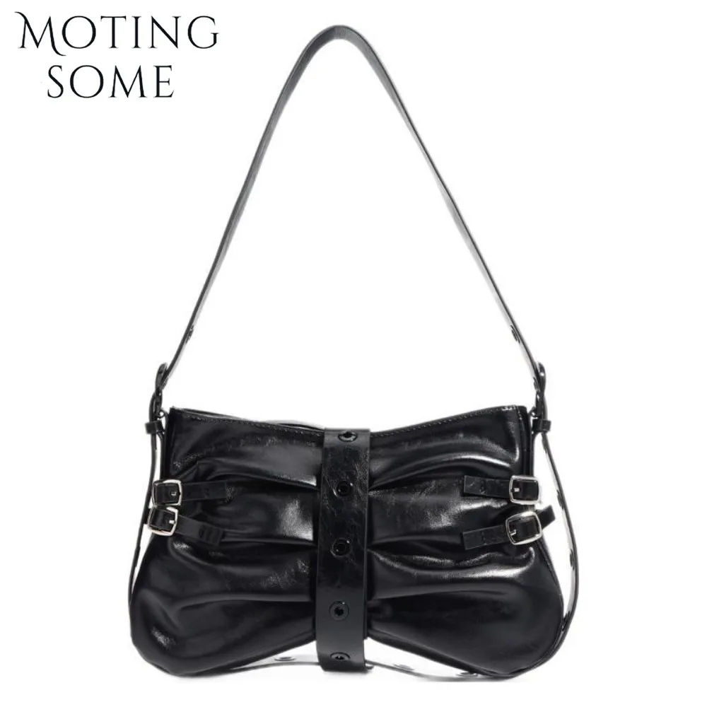 Motingsome 2024 New Style Shoulder Women Bags Luxury Satchel Fashion Motorcycle Bag Unique Wrinkle Pattern Mini Pouch Black