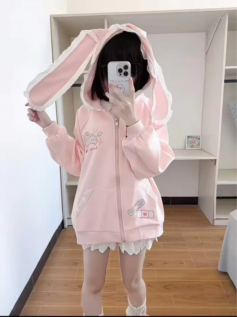 Cute Rabbit Ears Hoodie Women Kawaii Bunny Print Sweatshirt Spring Autumn Y2K Lace Bunny Ear Hooded Jacket Pink Lolita Girl Coat