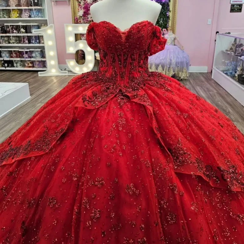 

Shiny Red Quinceanera Dress crystal glitter flower Decal Long tail Lace layering Vestidos De 15 Quinceanera ﻿Customize