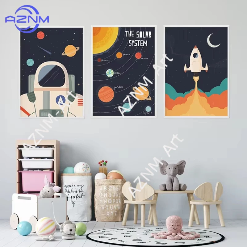 1/3 Stück Astronaut Planet Weltraum Rakete Sonnensystem Kinderzimmer Leinwandbild Wandkunst Druck Poster Nordische Dekoration Bild