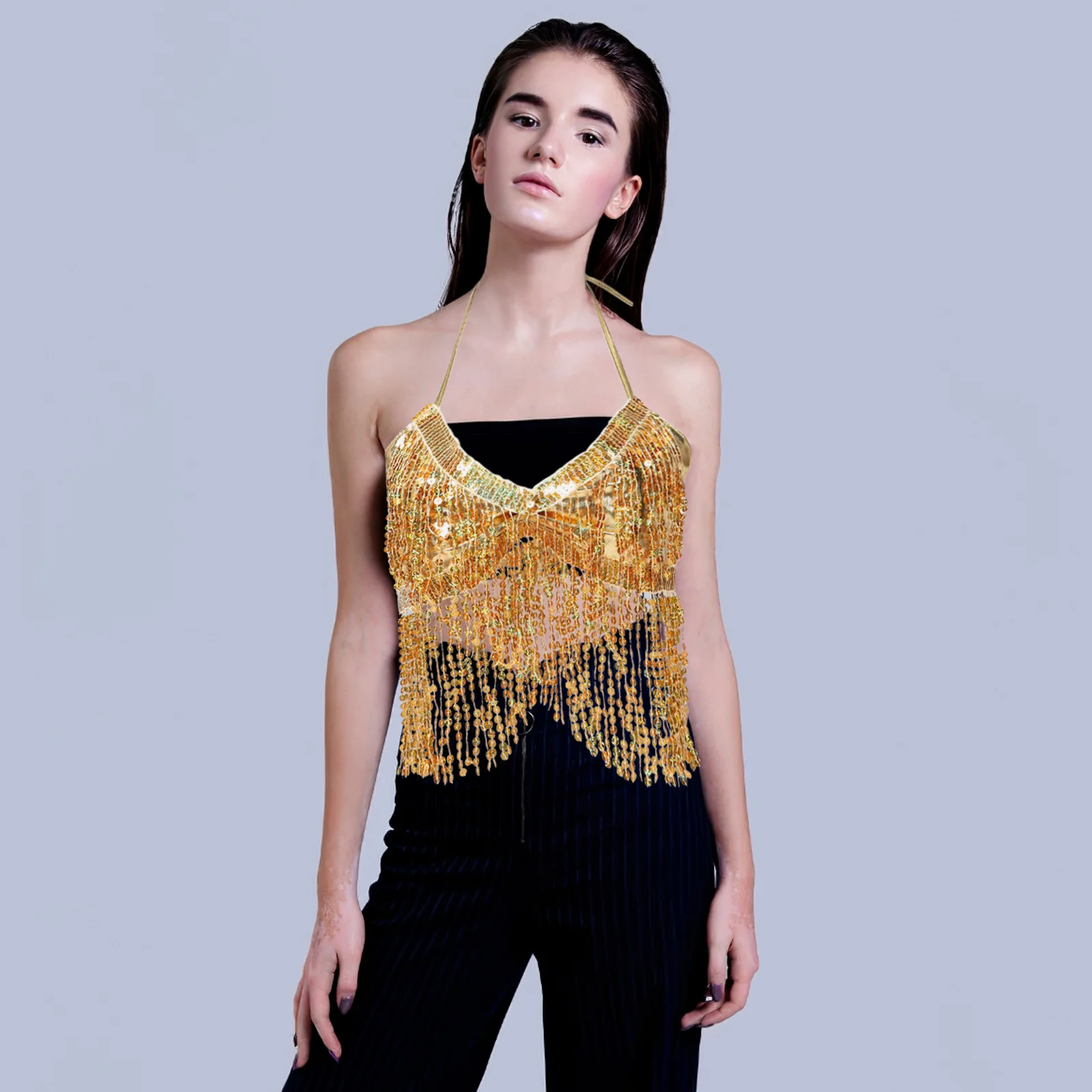 Pailletten Kwastje Crop Top Fringe Halter BH Dans Top Halloween Party Festival Clubwear Kostuum Sparkle Rok