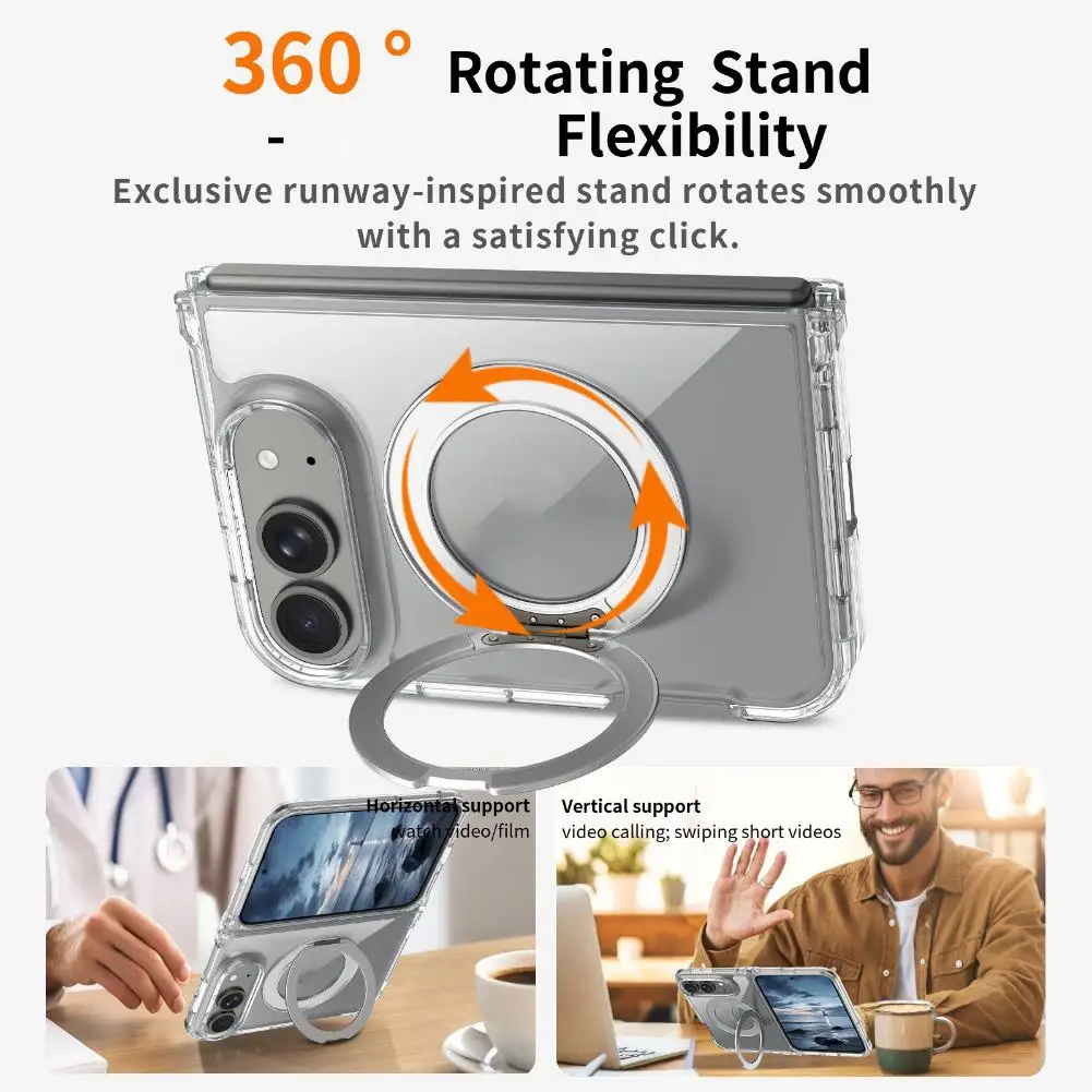 For iPhone Duo Case Magnetic MagSafe Clear Foldable Cover 360 Degree Rotating Stand Ring Shockproof Phone Case