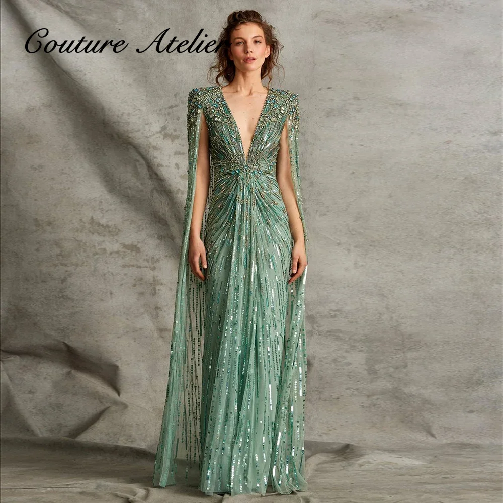 Abiti da sera di lusso Dubai verde salvia 2025 con perline a mantella Abiti da festa di nozze da donna in cristallo dorato con scollo a V Cocktail personalizzato