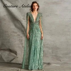 Luxury Dubai Sage Green Evening Dresses 2025 With Cape Beads Gold Crystal Women Wedding Party Gowns V Neck Cocktail Customized