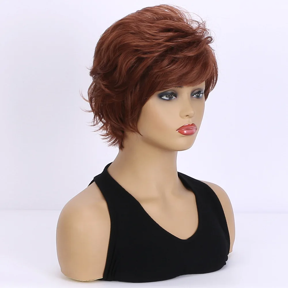 باروكات قصيرة مع غرة، شعر ناعم للاستخدام اليومي، شعر مستعار صناعي قصير بني متدرج مجعد للحفلات التنكرية للنساء
