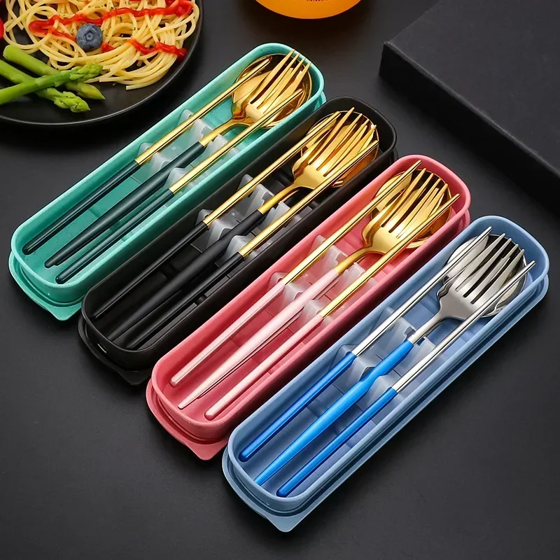 3 Pcs Dinnerware Set Stainless Steel Eco-friendly Spoon Fork  Chopsticks Travel Metal Cutlery Set Portable