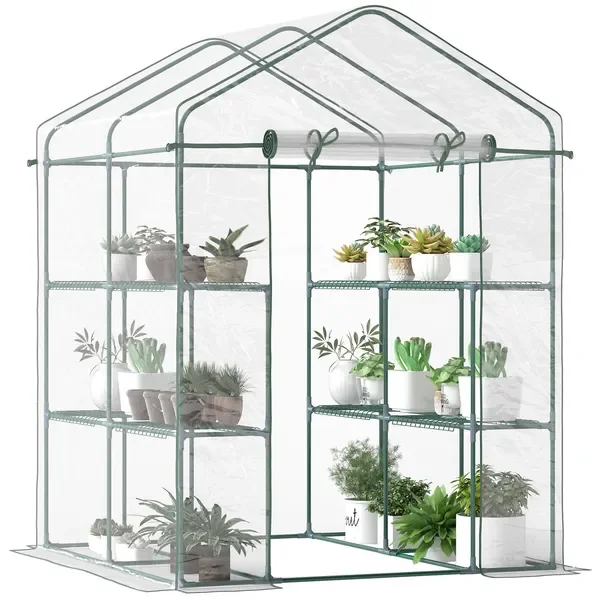 

Walk-in Greenhouse, 5' x 5' x 6', Hot House with 3-Tier Shelving, Roll-Up Door, for Outdoor & Garden