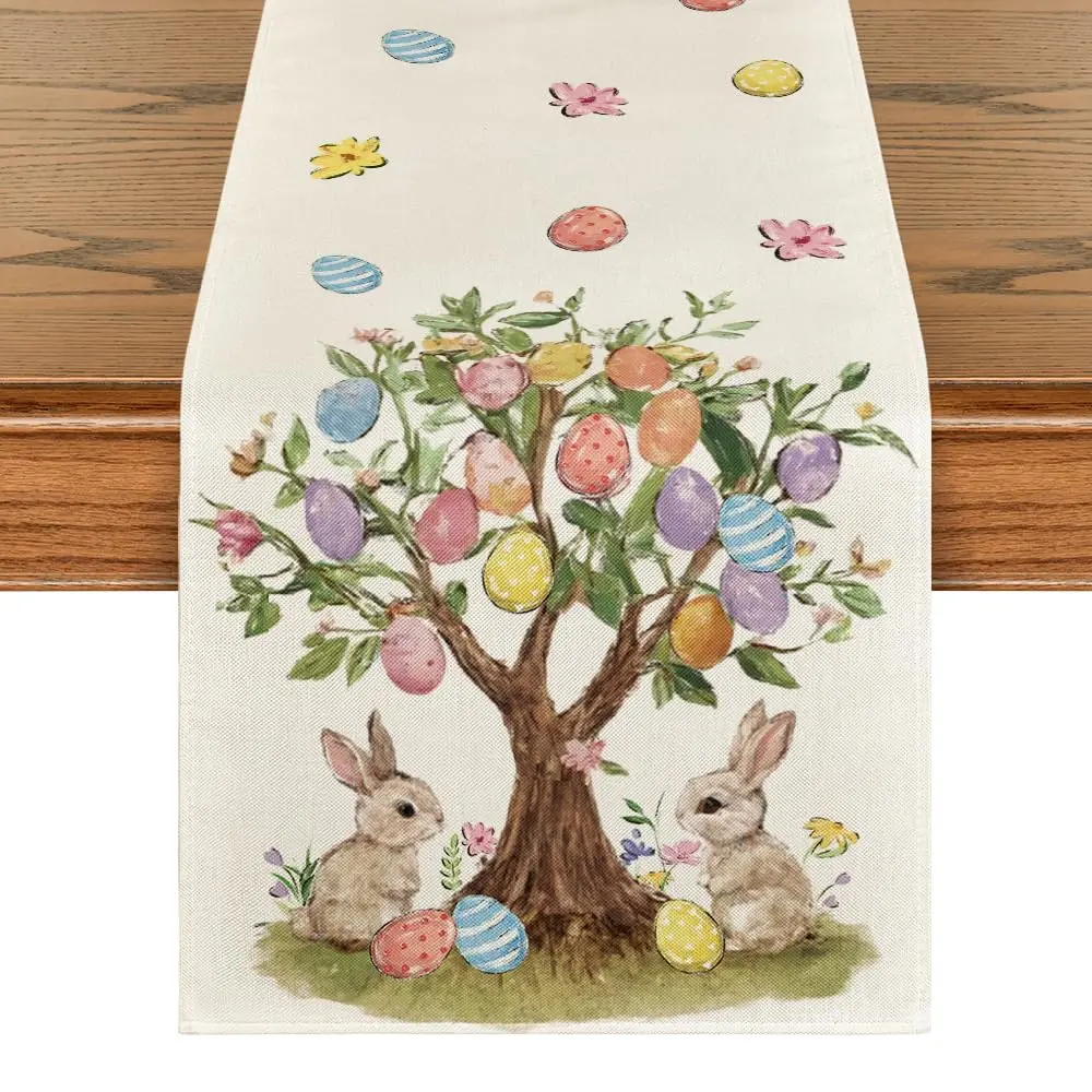 

Bunny Rabbit Eggs Tree Easter Table Runner, Seasonal Spring Floral Kitchen Dining Table Decoration for Home Party Decor