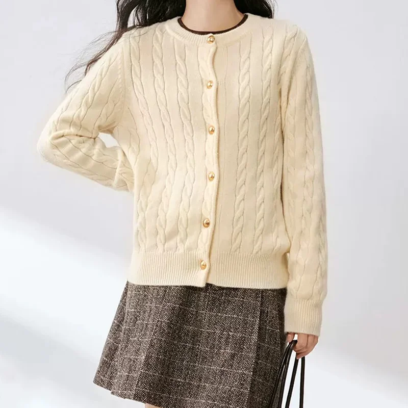

New Women's Sweater Winter Warm Pure Wool Cardigan Fashion Trend Round Neck Twisted Flower Single breasted Button