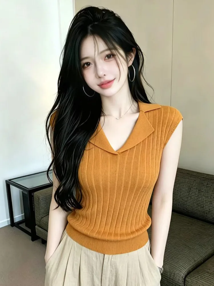 

Summer New Korean Minimalist Turn-down Collar Knitted Sweater Women Slimming Short Sleeve Top Elegant Style Breathable Skin-f...
