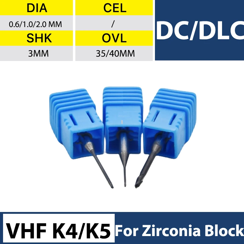 

XANGTECH Dental Materials VHF Milling Burs Dental Tools K4 K5 Cutters for Zirconia Block DLC/DC 0.6/1.0/2.0mm for Dental Lab