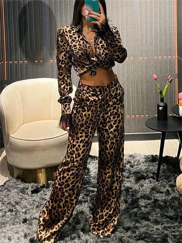 

Printed Leopard Women's Pants Outfits Women Contrast Lace-Up Sexy Fur Feather Pullover And Slim Wide Leg Trousers Sets
