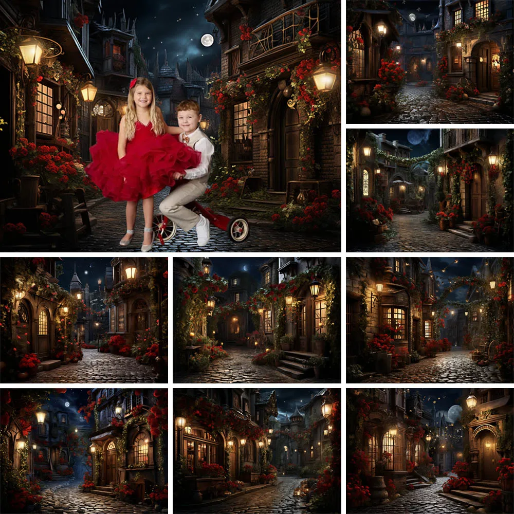 

Romantic Town Date Night Valentine's Day Photography Backdrops Red Rose Stone House Cake Smash Background Photo Studio Photocall