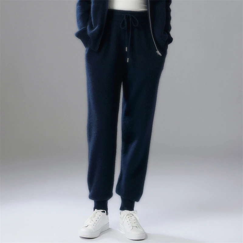 Women Cashmere Knit Pencil Pants Autumn Winter Thick Warm Elastic Waist Trousers Basic Pockets 100% Cashmere Knitted Sport Pants
