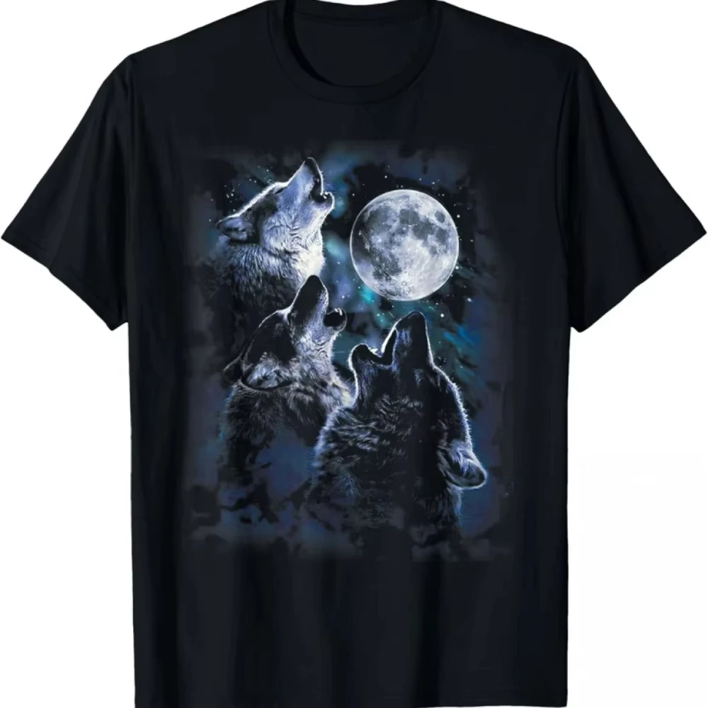 Men's Bohemian Wolf Howling At Moon T-Shirt Black Crew Neck Tee with Wolf Moon Design Fit Suitable for Casual Outdoor