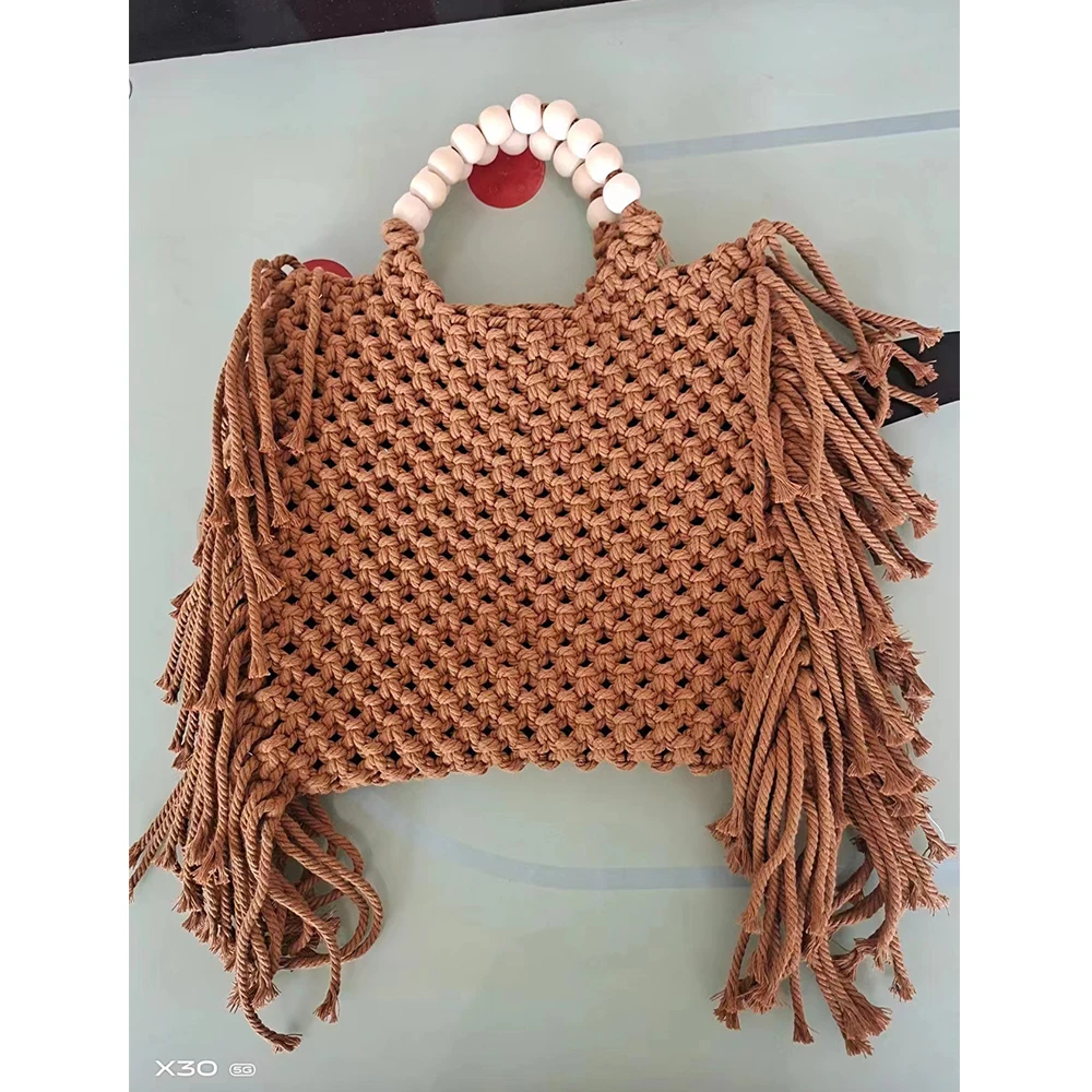 Long Tassel Women Handbag Rope Crochet Tote Handmade Knitting Woven Bags for Women Beaded Handle Designer Shoulder Bag Purses