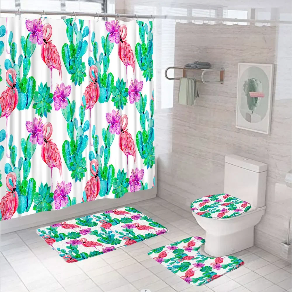 Cute Flamingo Shower Curtain Set Tropical Cactus Pink Flower Leaves Bathroom Curtains Anti-slip Bath Mat Toilet Cover Carpet Rug