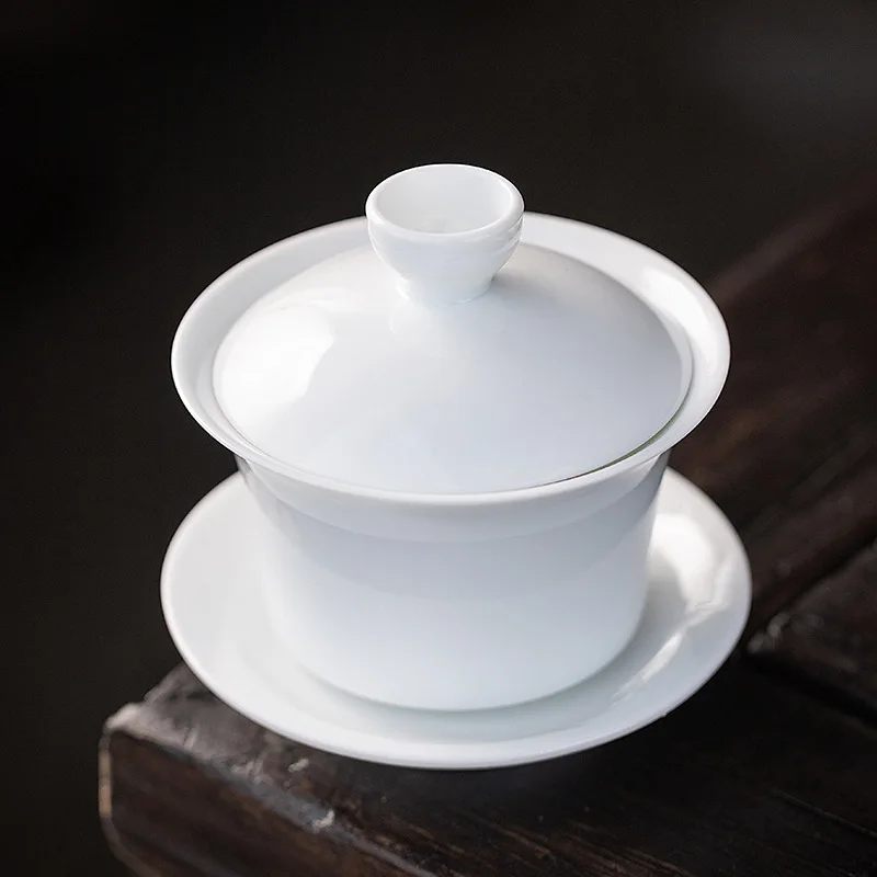 High White Porcelain Three-Talent Covered Bowl, Pure White Dehua Ceramic Tea Cup, Wholesale for Events and Gifts