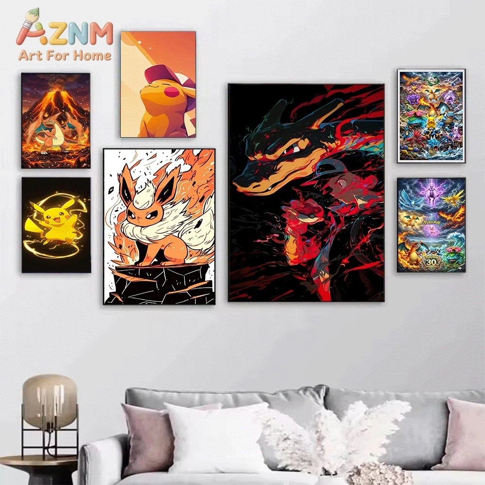 AZNM Pokemon Starters Pop Splash Art Canvas Wall Print, Vibrant Anime Monster Character Art Poster, Unframed Canvas Painting f