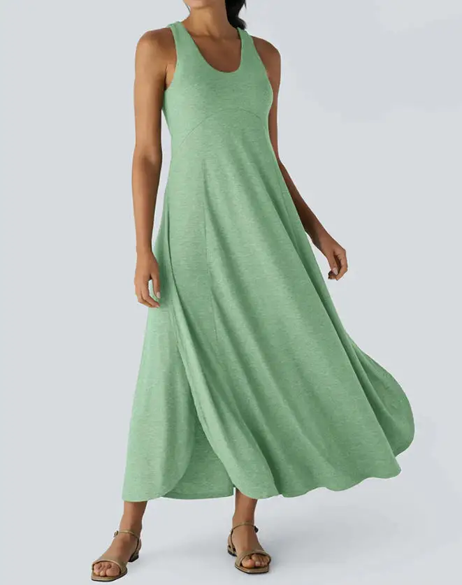 

Women's Dress Summer New Comfortable Casual Style Solid Color Simple Round Neck High Waist Side Slit Sleeveless A-Line Dress