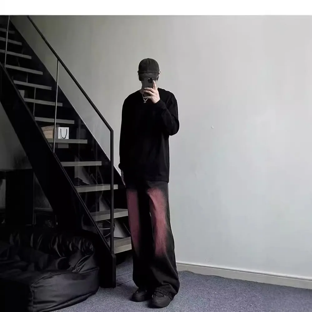 

Мужские джинсы с черно-розовым градиентом, брюки в стиле американского хип-хопа, универсальные расклешенные брюки.