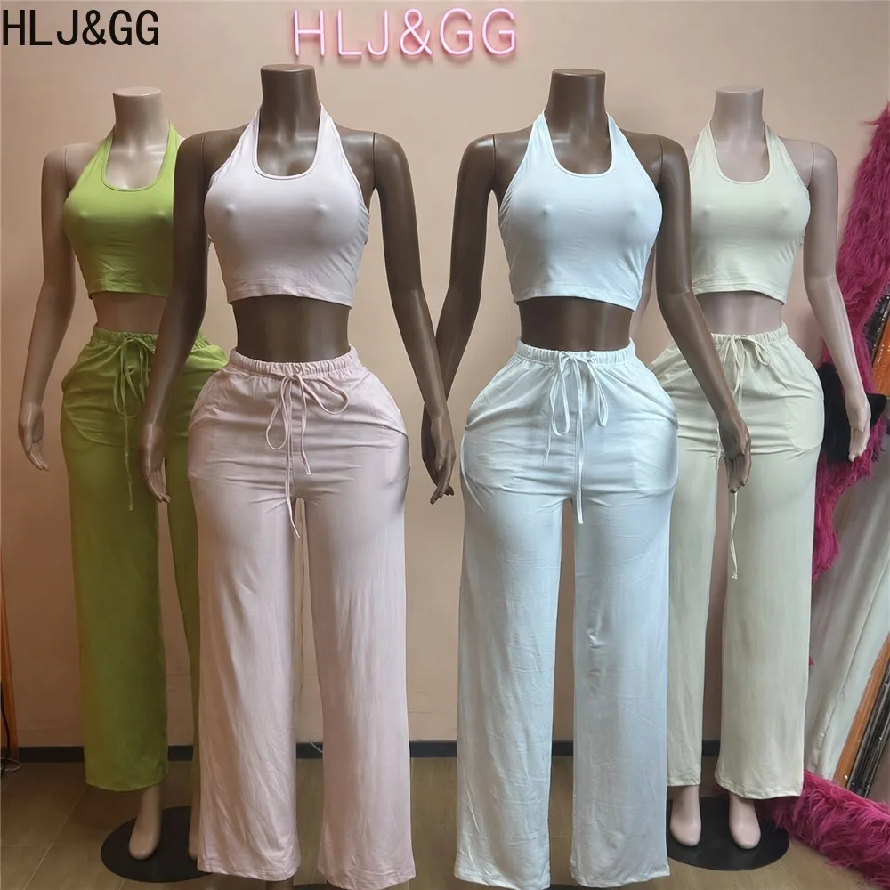 HLJ&GG Casual Solid Color Women 2 Piece Set Halter Sleeveless Backless Crop Top and Wide Leg Trousers Pants Streetwear Outfits